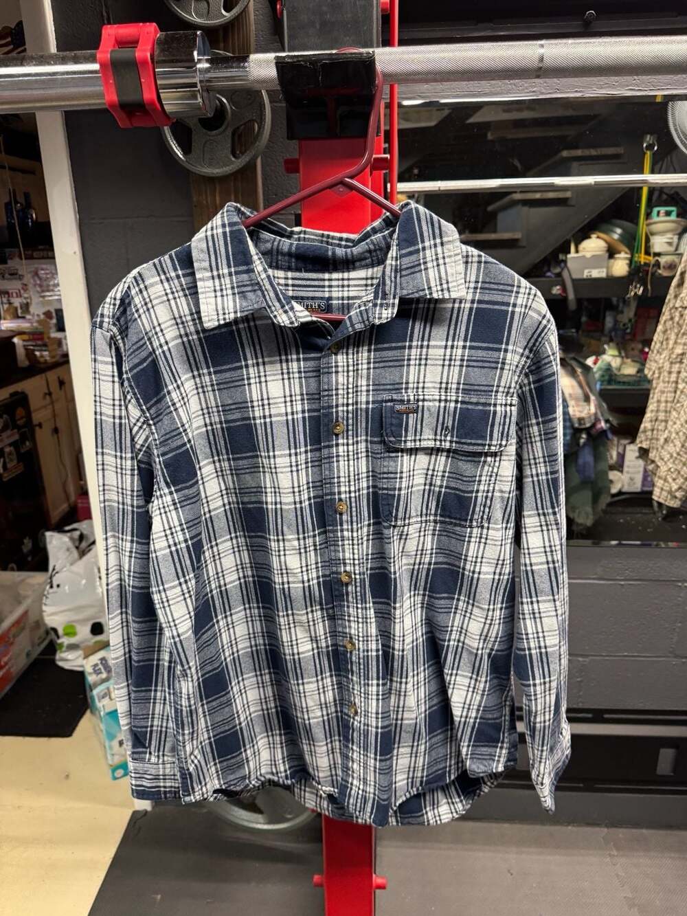 Smith's Workwear Men's Long Sleeve Blue and White Plaid Flannel Button-Down Shir